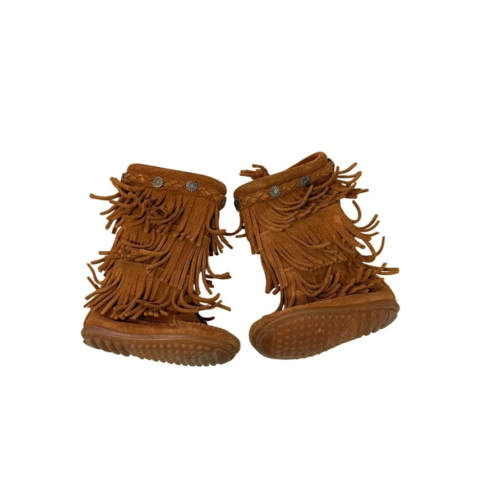 Minnetonka Toddler 3 Layer Fringe Boots Brown Suede Moccasin Zipper Size 7 2652